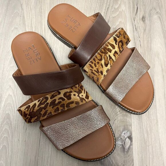 Naturalizer Sandals Women’s 7 Kellie Brown Leather Leopard Calf Hair Slide New - Picture 3 of 7